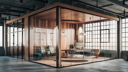 Modern office interior with glass walls, wooden frames and ceiling, concrete floor, large windows