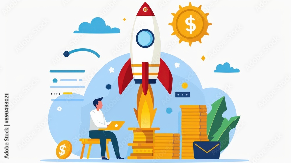 Poster a man sits at a desk with a pile of money in front of him. he is looking at a rocket on the screen. 