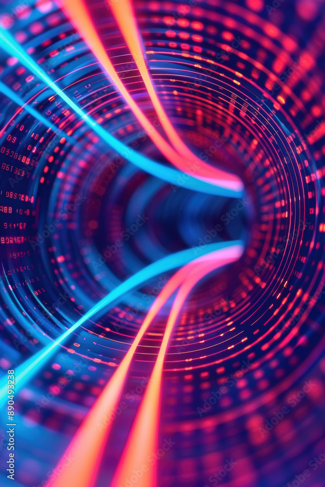 Poster dynamic abstract tunnel with glowing digital data streams in vibrant neon colors, representing futur