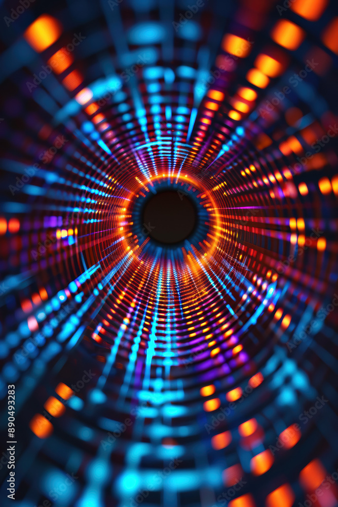 Poster vibrant abstract tunnel of light with glowing multicolored patterns converging towards a central voi