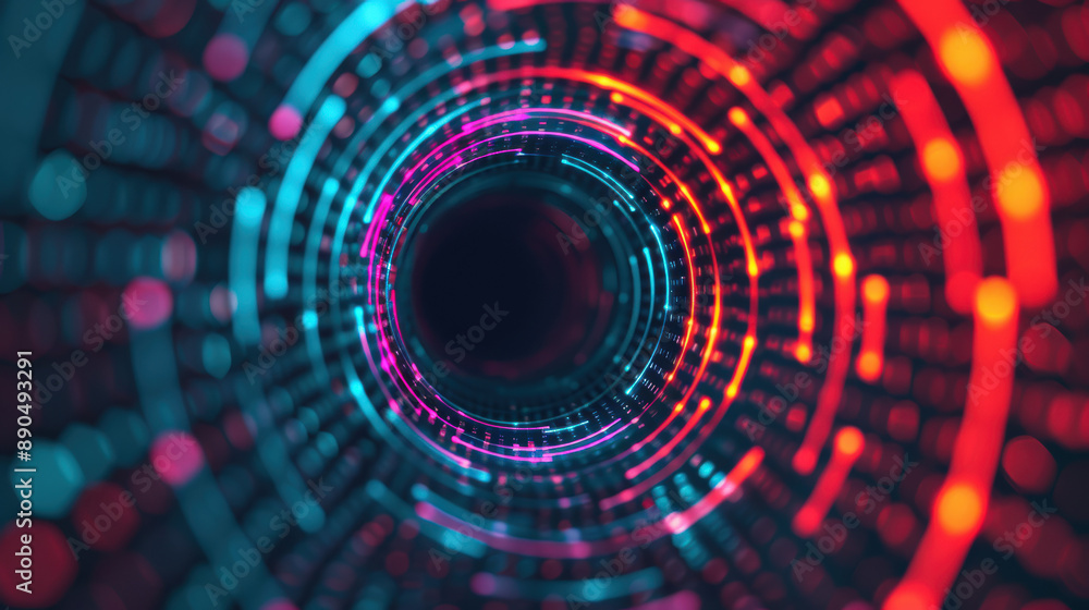 Poster futuristic tunnel with vibrant neon lights and abstract patterns creating a dynamic and colorful sci