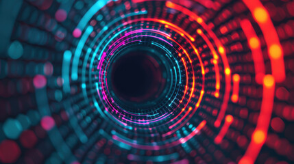 Futuristic tunnel with vibrant neon lights and abstract patterns creating a dynamic and colorful sci-fi theme.