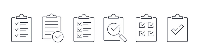 clipboard icon set. quality control, checklist, clipboard with check mark, magnifier. vector illustration