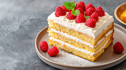 Close-up of a delicious layered sponge cake with creamy frosting and fresh raspberries, served on a textured plate. Perfect for dessert lovers!