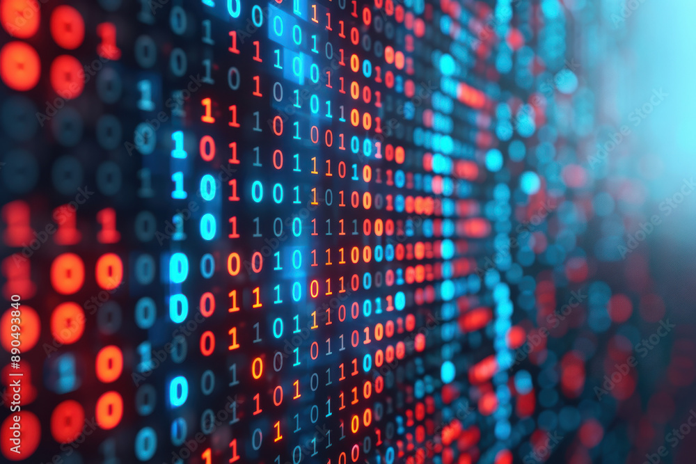 Poster a vibrant digital screen showcasing dynamic binary code in red and blue hues, symbolizing data, tech