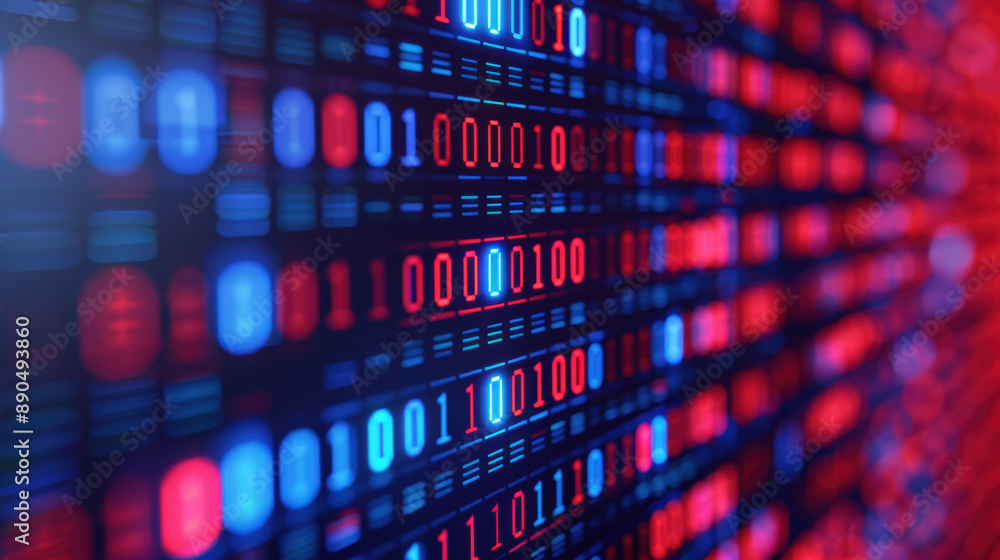 Poster closeup view of binary code in blue and red, representing data processing, cybersecurity, and digita