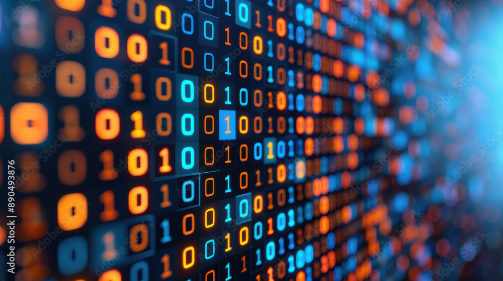 Poster abstract glowing binary code on a digital screen background, representing data, technology, and info