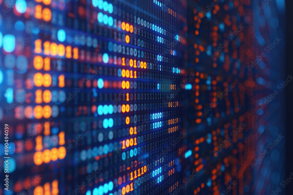 Poster close-up of abstract digital matrix background with glowing binary code in blue and orange. perfect 