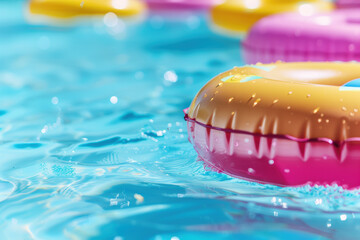 Colorful inflatable rings floating on a clear blue swimming pool, creating a vibrant and refreshing summer scene perfect for relaxation and fun.