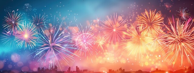 Fototapeta premium Vintage-style fireworks over an old castle at night, fireworks, historical