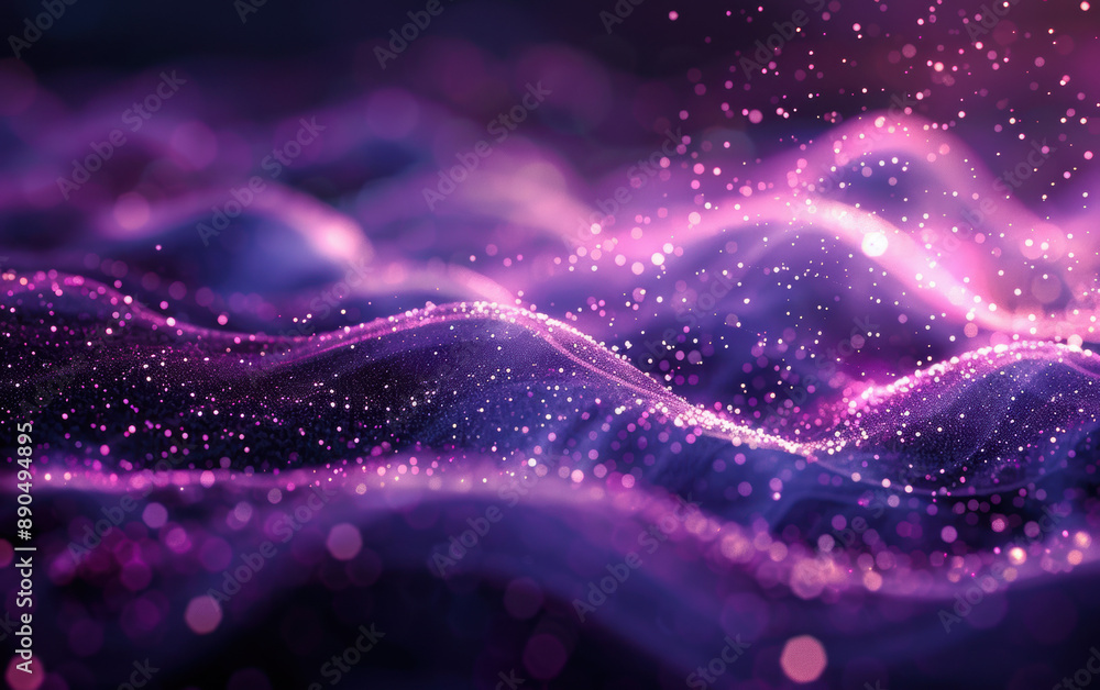 Poster a mesmerizing digital artwork of purple waves adorned with sparkling particles, creating a magical a