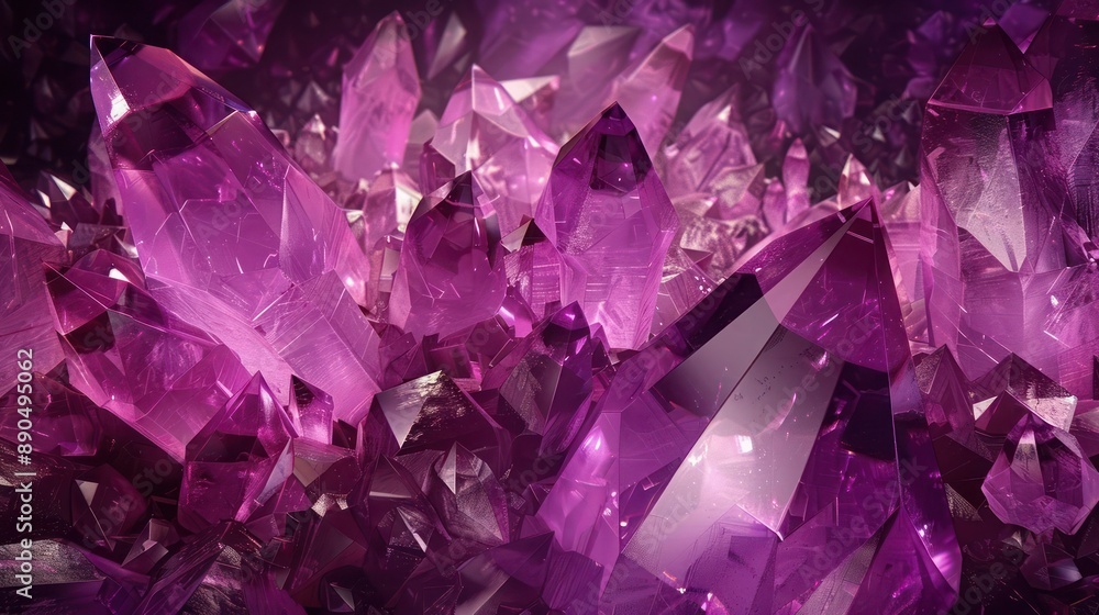 Poster deep purple 3d abstract background with hyper-realistic crystal textures, intricate facets and light