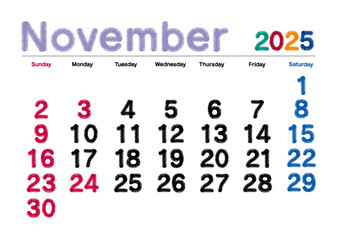 2025年11月の刺繍文字風カレンダー日曜始まり
