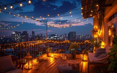 Roof terrace of a beautiful house with night-time view of the city. View over cozy outdoor terrace with outdoor string lights and lanterns.