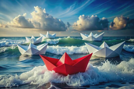 Vibrant red paper boat boldly navigates turbulent ocean waves, surpassed by none, leading a fleet of white boats, embodying trailblazing innovation and visionary leadership.