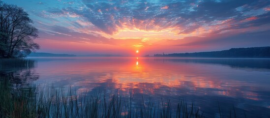 Sunrise over Calm Lake with Misty Forest