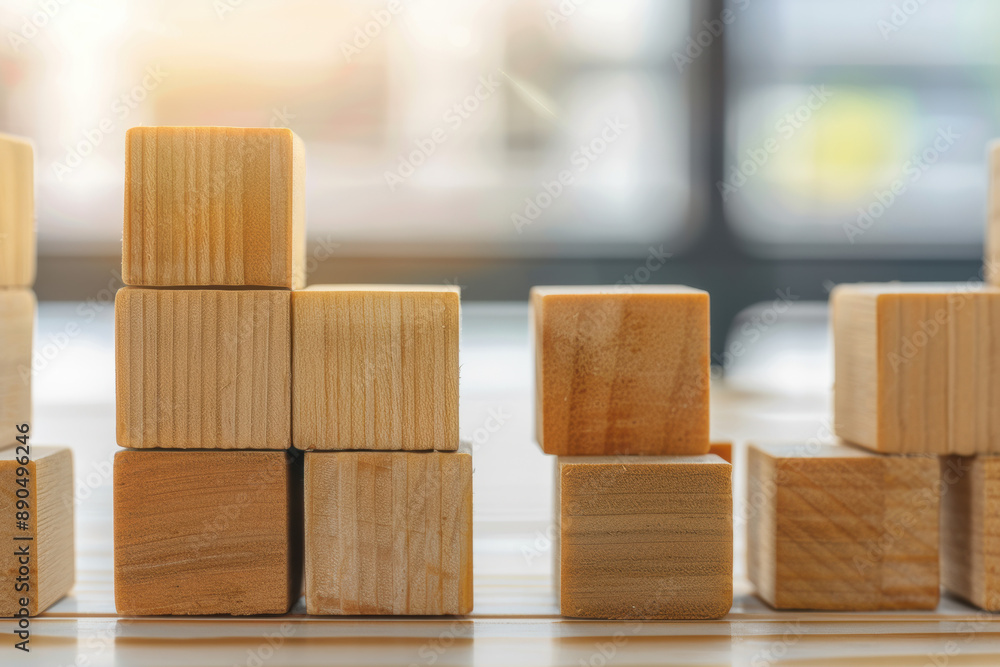 Poster close-up of wooden blocks stacked on a table with a blurred background. perfect for concepts related