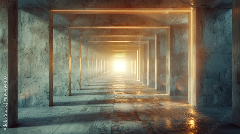 Poster enigmatic passage: mysterious tunnel with converging perspective lines in minimalist design, enhance