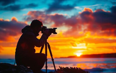 Fototapeta premium silhouette of a photographer taking pictures at sunrise