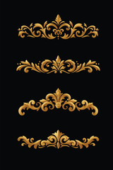 collection of Golden floral elements and embellishments in retro style isolated on black background