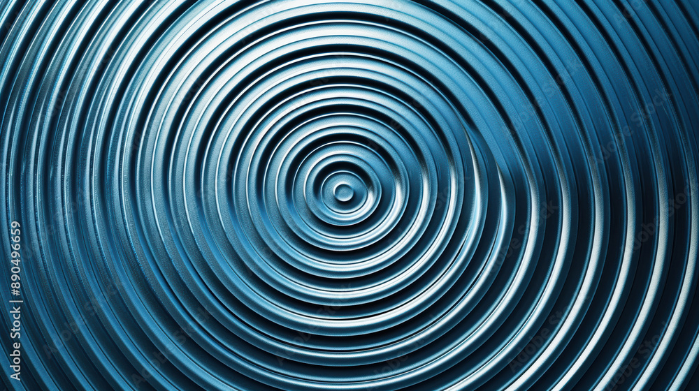 Poster abstract close-up of concentric metallic circles with a blue hue, showcasing intricate texture and h