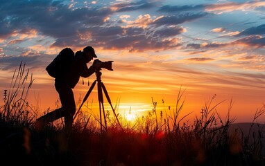 silhouette of a photographer taking pictures at sunrise