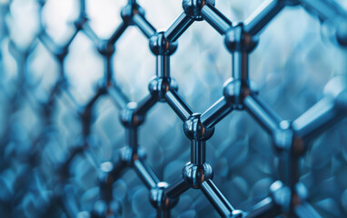 Close-up view of a molecular structure with hexagonal patterns and blurred blue background, representing advanced nanotechnology and material science.