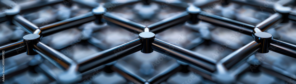 Poster close-up view of metallic grid pattern, showcasing intricate geometric structure and modern industri