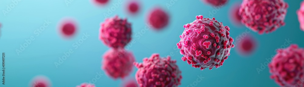 Poster microscopic view of floating viruses on a blue background, showing detailed surface structures and v