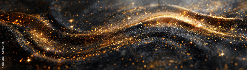 Poster luxurious black and gold fabric with shimmering particles and flowing texture, creating an elegant a