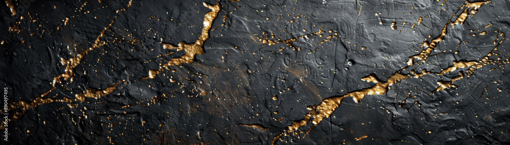 Poster close-up of abstract textured black surface with golden veins, creating a luxurious and elegant patt