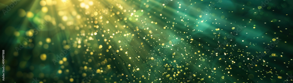 Aufkleber golden particles floating in a greenish glow with sunlight rays creating a magical atmosphere. ideal