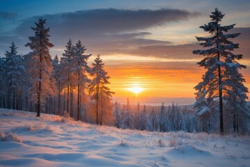 Fototapeta premium Breathtaking view of snowy forest at sunrise with golden sky