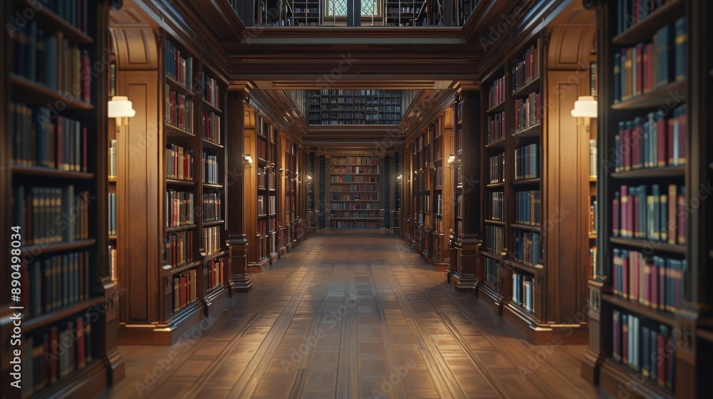 Poster infinite dimensions of knowledge: minimalist library aisles with dynamic lighting and perspective de
