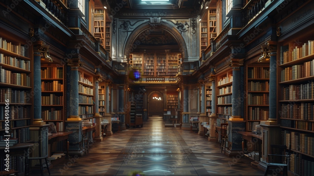 Poster infinite library realms: a minimalist perspective on depth and creativity in wallpaper design