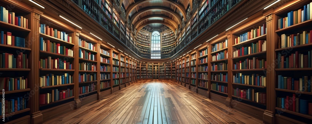 Poster infinite depth: minimalist library aisles with dynamic lighting