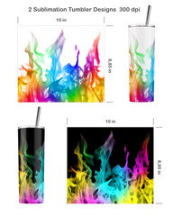 Set of 2 rainbow fire patterns on white and black background. Seamless sublimation templates for 20 oz skinny tumbler. Sublimation illustration. Seamless from edge to edge. Full tumbler wrap.