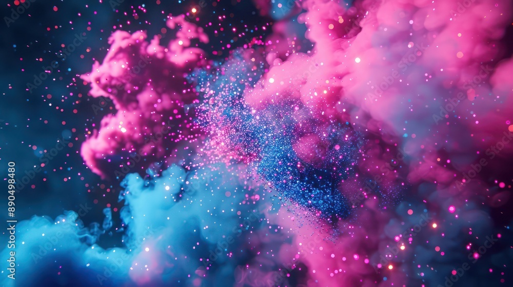 Poster a 3d background with particle explosions in vibrant pink and blue, creating a lively and energetic s