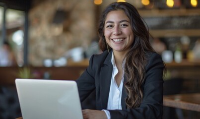 Fototapeta premium Confident young Latina businesswoman in suit working on laptop at cafe: Entrepreneurial success concept. Smiling professional using computer for remote work, showcasing modern business lifestyle and w