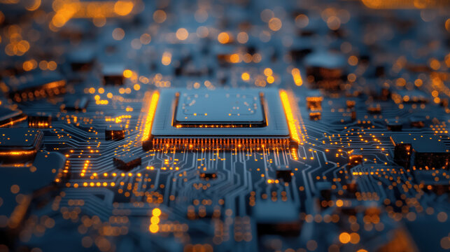 Close-up of a glowing microchip on a circuit board, highlighting the intricate design and orange lights.