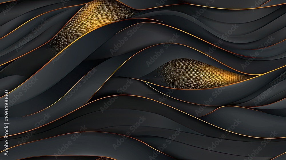 Poster abstract background of a black fabric with gold accents. the fabric is arranged in a wavy pattern se