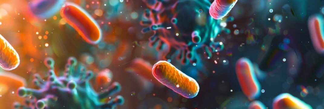 Probiotics bacteria under microscope abstract colorful background. Close-up of biological medicine