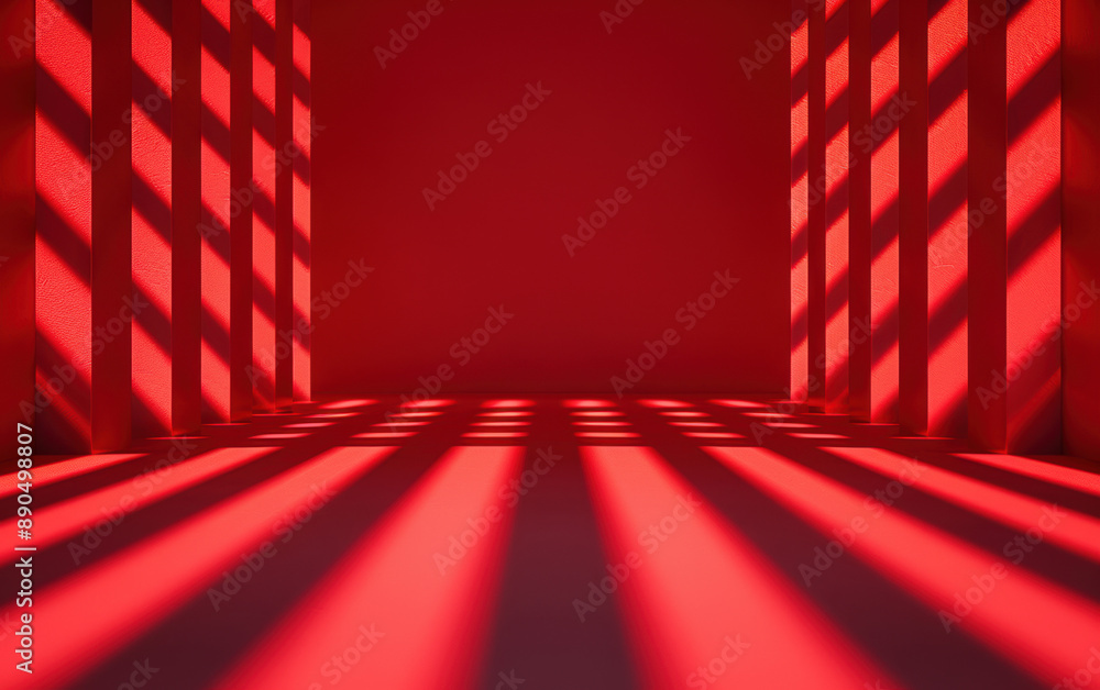 Poster abstract red room with dramatic shadows from vertical light beams creating a geometric pattern on th