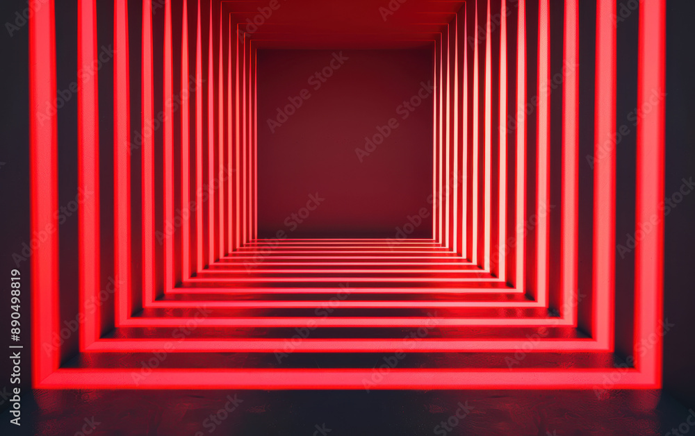 Poster futuristic red neon tunnel with glowing lights creating symmetrical patterns and depth, perfect for 