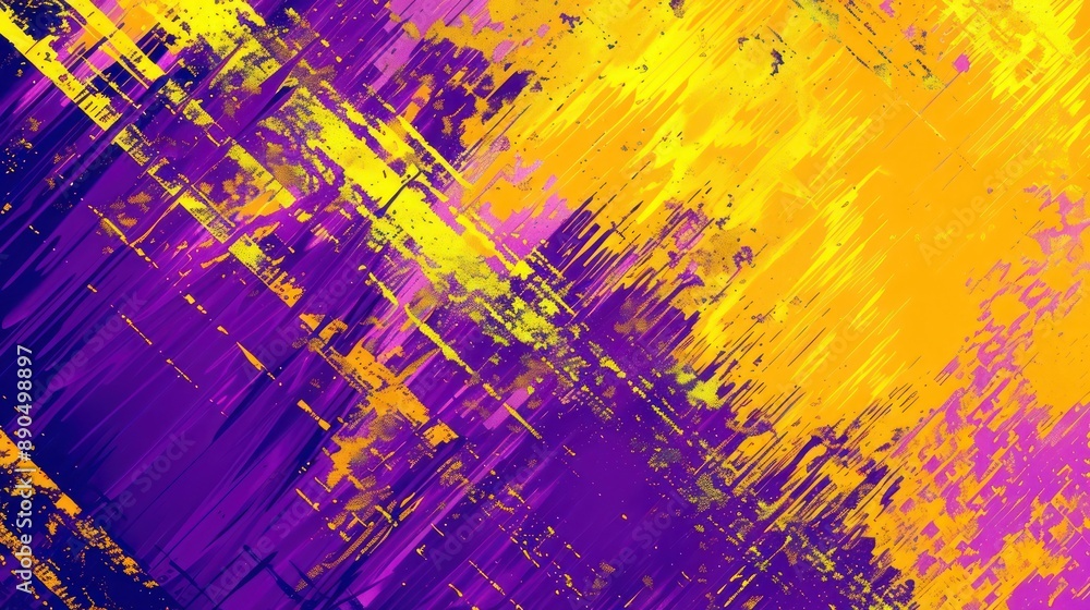 Poster glitch art abstract background with bright yellow and purple shades, featuring random pixel disrupti