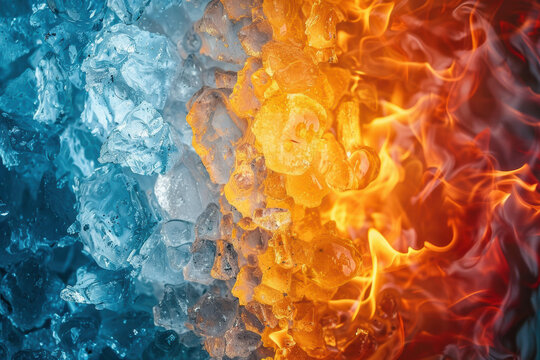 Concept of opposites with ice and fire side by side, showcasing the contrast between cold and hot temperatures. Abstract art with vibrant colors.