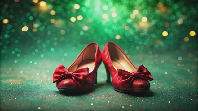 Vibrant red shoes with delicate bows and subtle sparkle lay elegantly against a rich, velvety green background, evoking a sense of luxury and mystique.