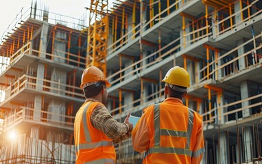 Fototapeta premium Structural engineer and foreman worker with touch pad discuss, plan working for the outdoors building construction site.