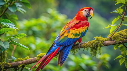 Obraz premium Vibrant Scarlet Macaw perches on a lush green branch in its natural tropical forest habitat in Costa Rica, showcasing its stunning plumage and vibrant colors.