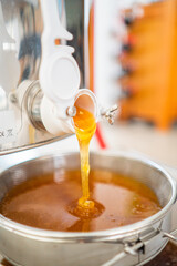 Thick Viscouse Bee Honey Flowing Out Into the Filtration
